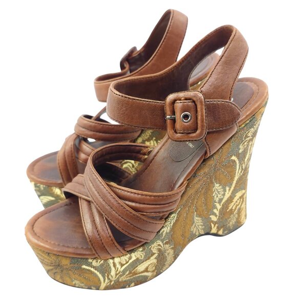 Miu Miu Women's Brown & Gold Jacquard Fabric & Leather Platform Wedge Sandals - Picture 3 of 11